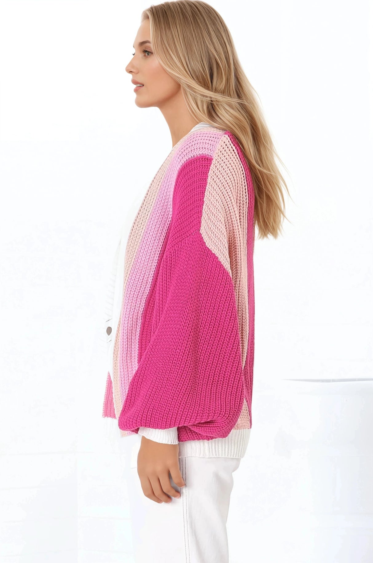 Jemina Cardigan - Vertical Striped Cardigan in Pink