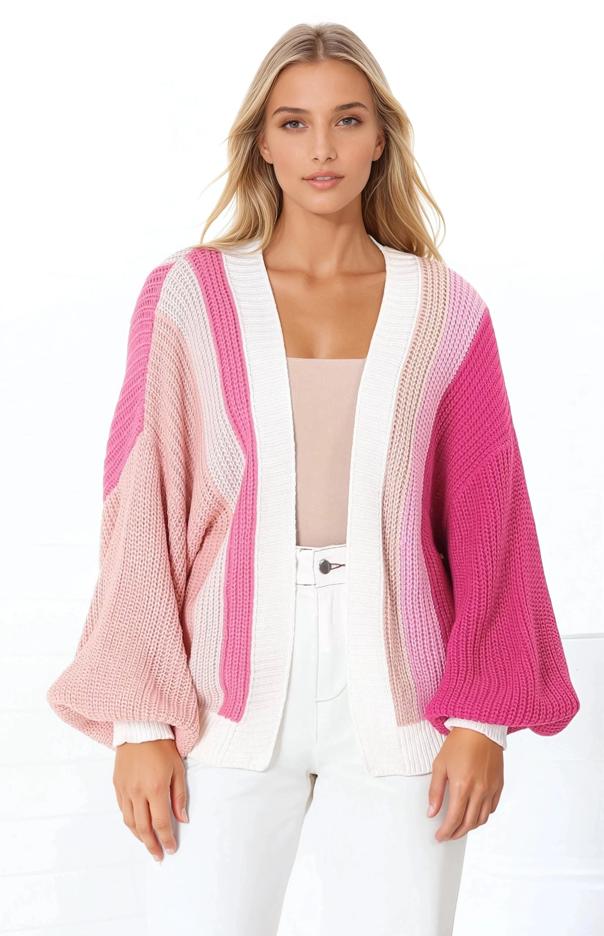 Jemina Cardigan - Vertical Striped Cardigan in Pink