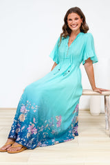 Jemina Maxi Dress - V-Neck Elasticated Waist A-Line Dress in Candyce Print Blue