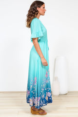 Jemina Maxi Dress - V-Neck Elasticated Waist A-Line Dress in Candyce Print Blue