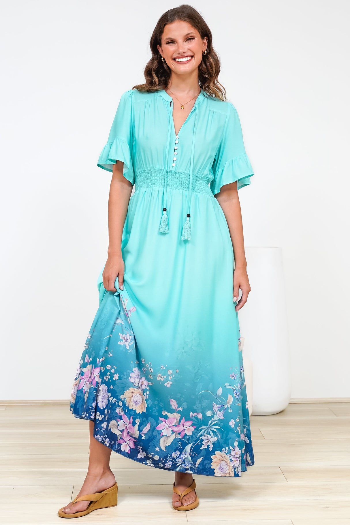 Jemina Maxi Dress - V-Neck Elasticated Waist A-Line Dress in Candyce Print Blue