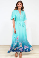 Jemina Maxi Dress - V-Neck Elasticated Waist A-Line Dress in Candyce Print Blue