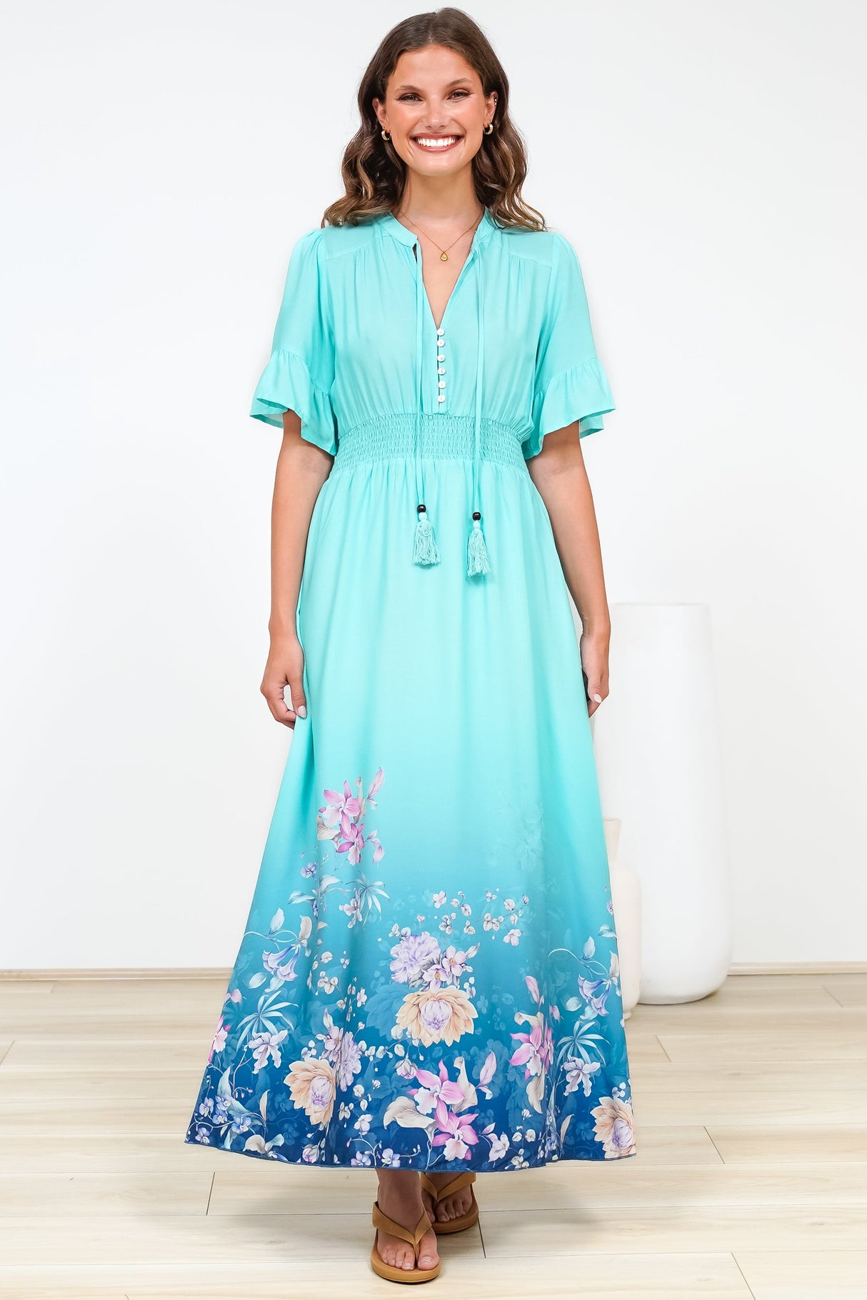 Jemina Maxi Dress - V-Neck Elasticated Waist A-Line Dress in Candyce Print Blue