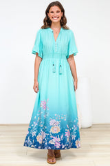 Jemina Maxi Dress - V-Neck Elasticated Waist A-Line Dress in Candyce Print Blue