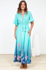 Jemina Maxi Dress - V-Neck Elasticated Waist A-Line Dress in Candyce Print Blue