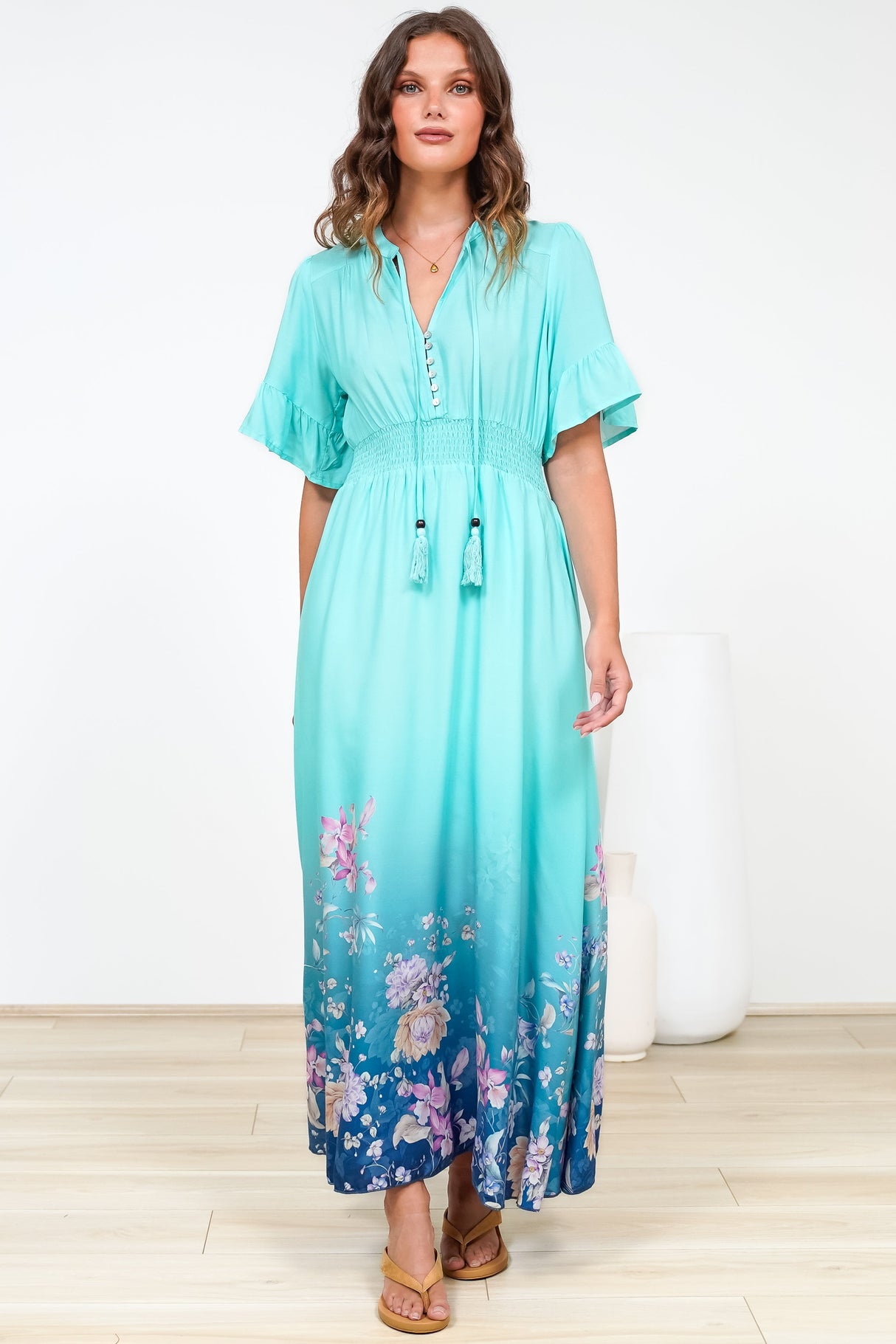 Jemina Maxi Dress - V-Neck Elasticated Waist A-Line Dress in Candyce Print Blue