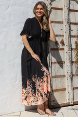 Jemina Maxi Dress - V-Neck Elasticated Waist A-Line Dress in Florence Print Black