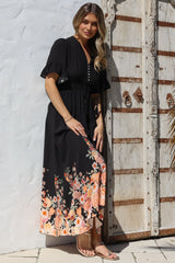 Jemina Maxi Dress - V-Neck Elasticated Waist A-Line Dress in Florence Print Black