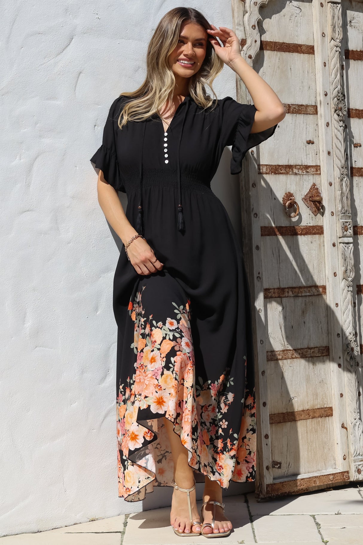 Jemina Maxi Dress - V-Neck Elasticated Waist A-Line Dress in Florence Print Black