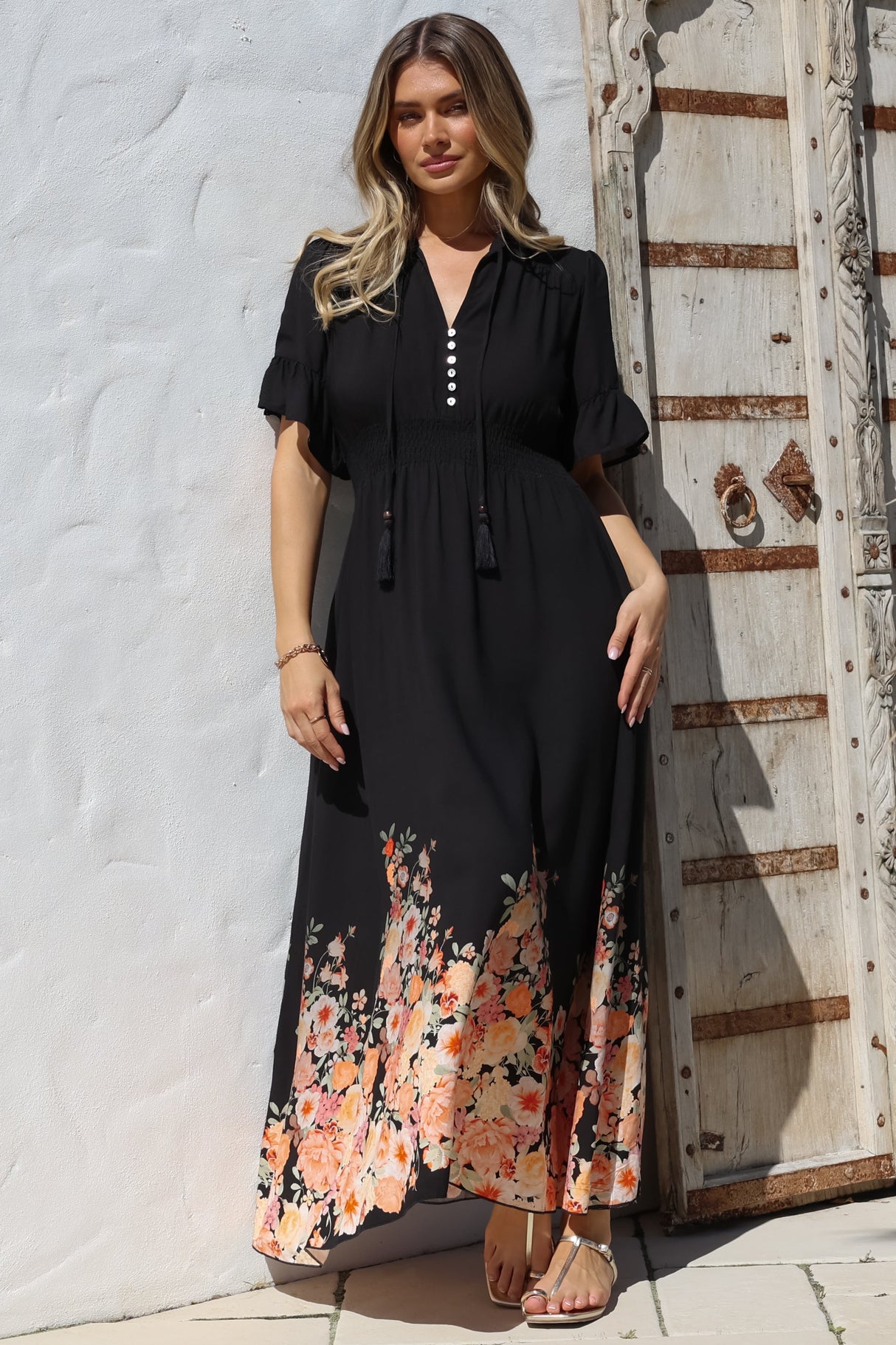 Jemina Maxi Dress - V-Neck Elasticated Waist A-Line Dress in Florence Print Black
