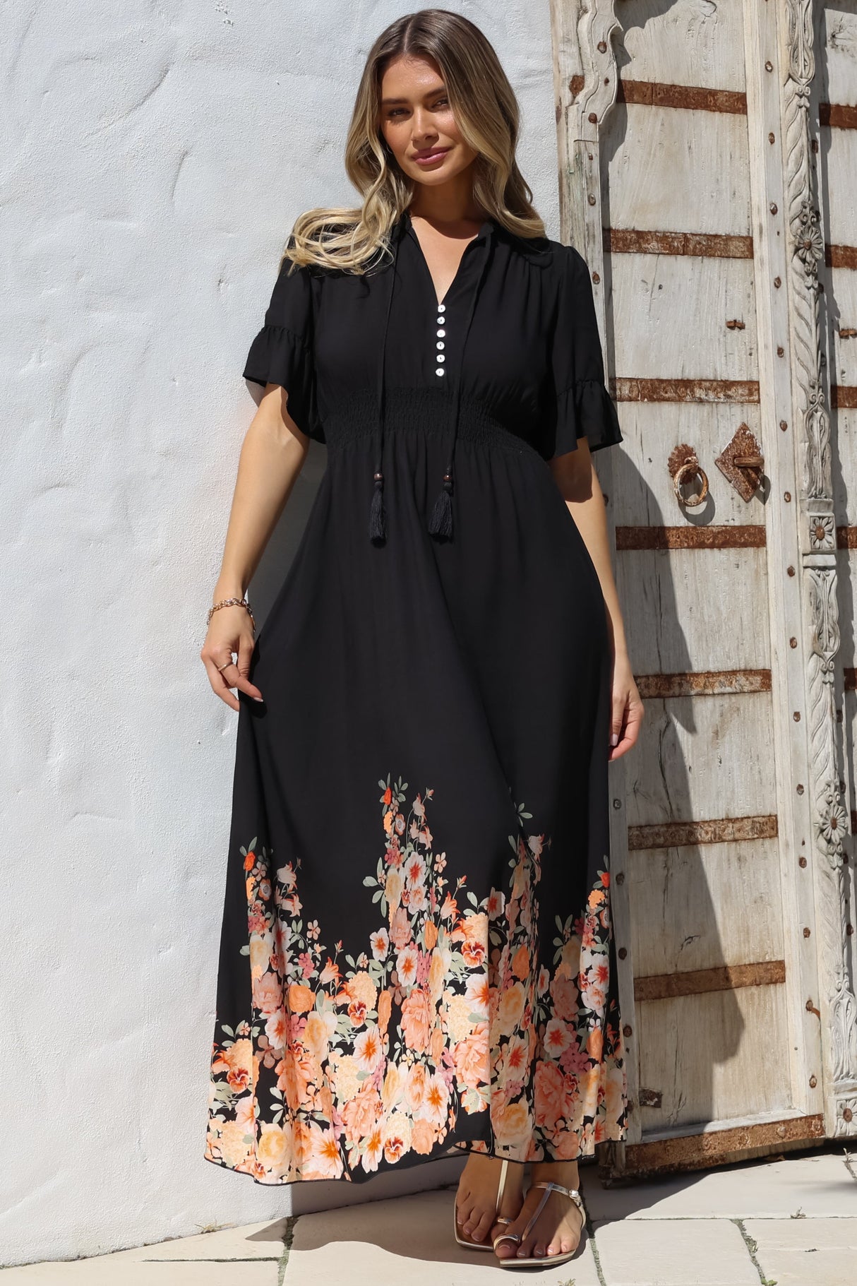 Jemina Maxi Dress - V-Neck Elasticated Waist A-Line Dress in Florence Print Black