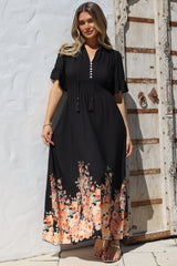 Jemina Maxi Dress - V-Neck Elasticated Waist A-Line Dress in Florence Print Black