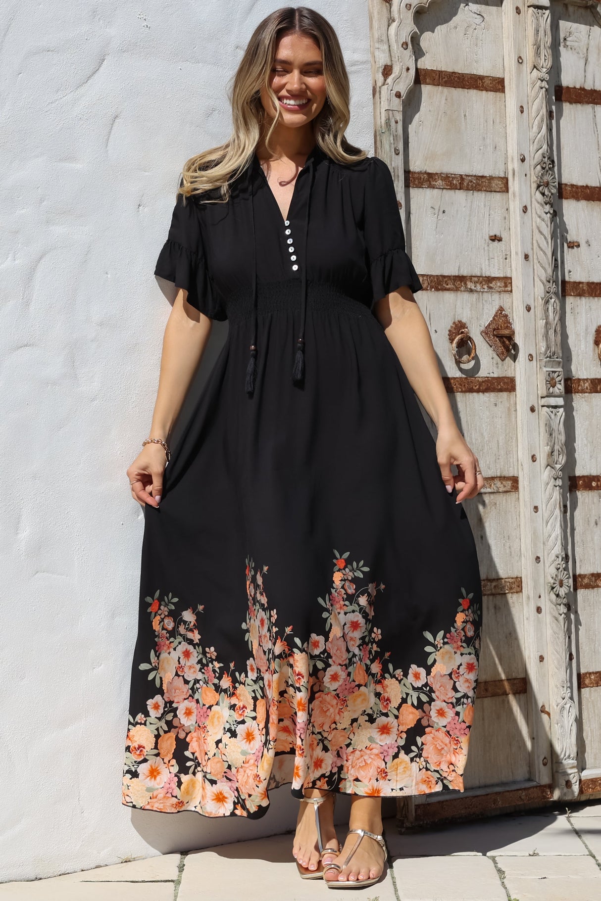Jemina Maxi Dress - V-Neck Elasticated Waist A-Line Dress in Florence Print Black