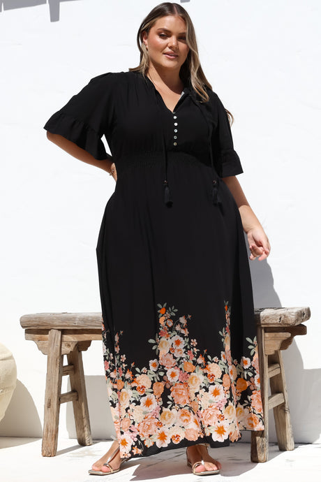 Jemina Maxi Dress - V-Neck Elasticated Waist A-Line Dress in Florence Print Black
