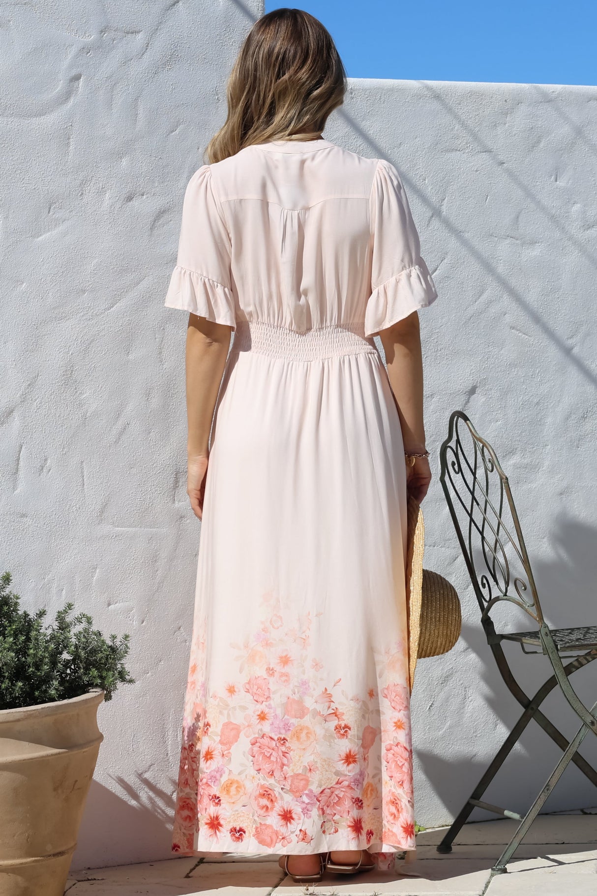 Jemina Maxi Dress - V-Neck Elasticated Waist A-Line Dress in Florence Print Pink