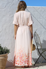 Jemina Maxi Dress - V-Neck Elasticated Waist A-Line Dress in Florence Print Pink