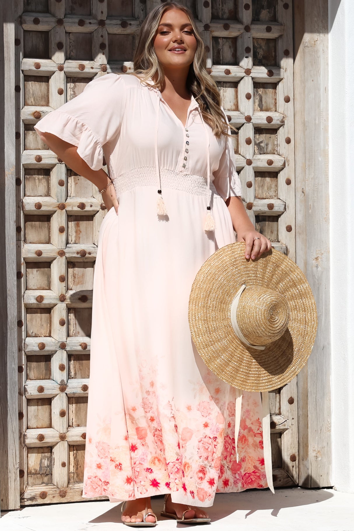Jemina Maxi Dress - V-Neck Elasticated Waist A-Line Dress in Florence Print Pink