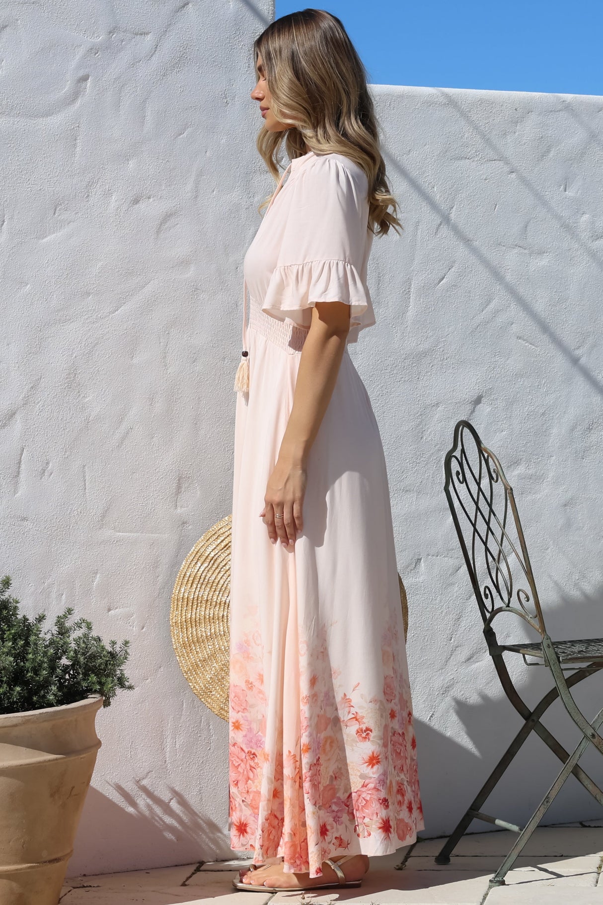Jemina Maxi Dress - V-Neck Elasticated Waist A-Line Dress in Florence Print Pink