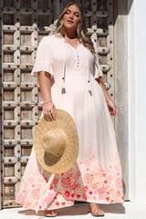 Jemina Maxi Dress - V-Neck Elasticated Waist A-Line Dress in Florence Print Pink