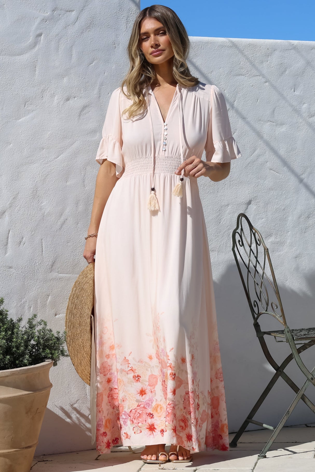 Jemina Maxi Dress - V-Neck Elasticated Waist A-Line Dress in Florence Print Pink