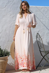 Jemina Maxi Dress - V-Neck Elasticated Waist A-Line Dress in Florence Print Pink