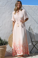 Jemina Maxi Dress - V-Neck Elasticated Waist A-Line Dress in Florence Print Pink
