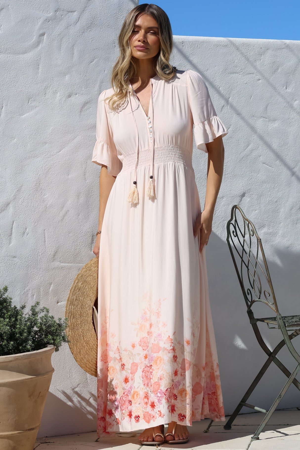 Jemina Maxi Dress - V-Neck Elasticated Waist A-Line Dress in Florence Print Pink