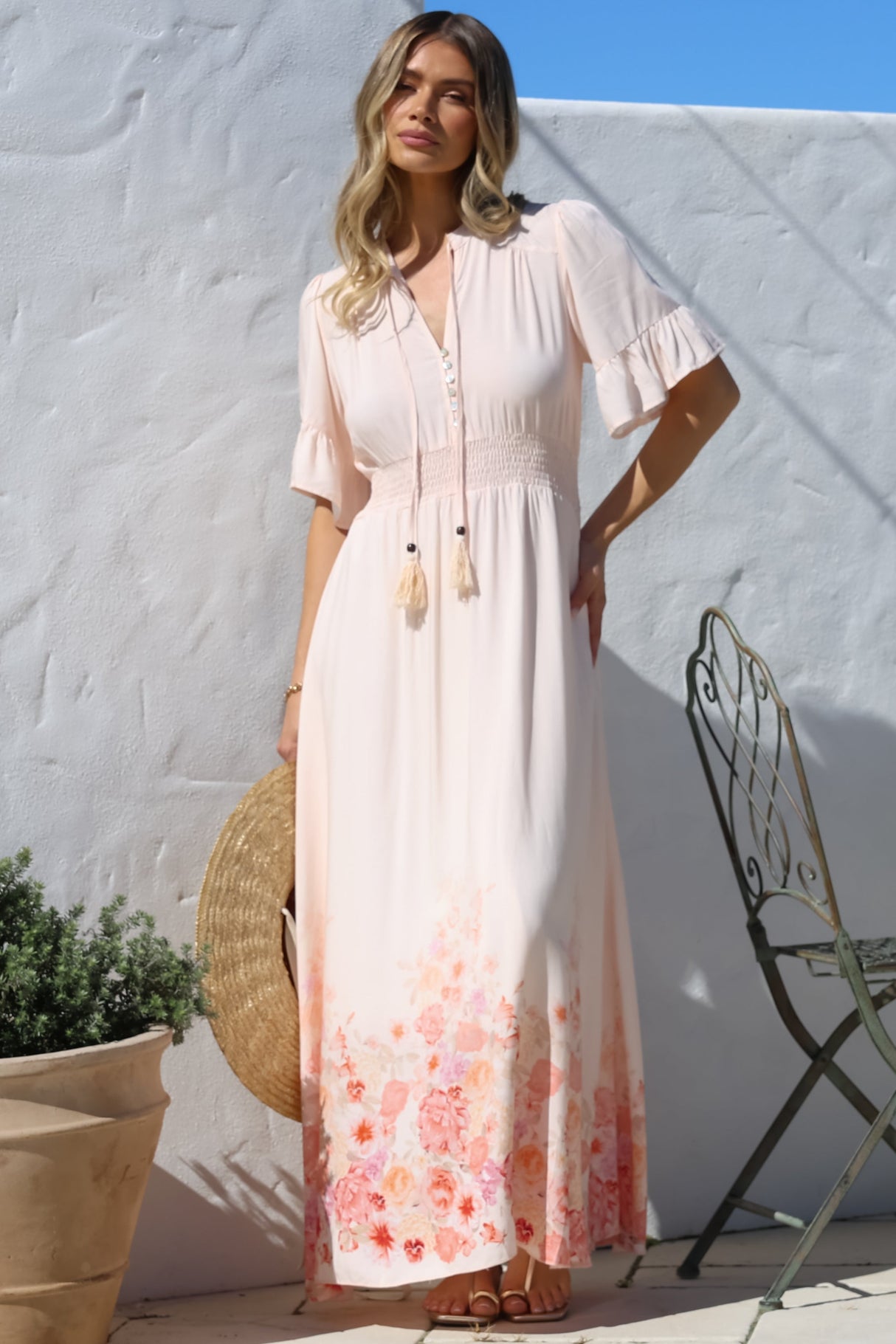 Jemina Maxi Dress - V-Neck Elasticated Waist A-Line Dress in Florence Print Pink