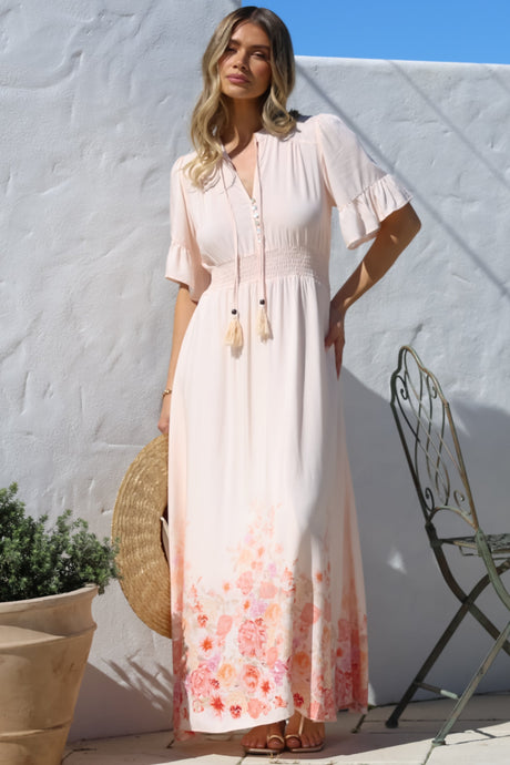 Jemina Maxi Dress - V-Neck Elasticated Waist A-Line Dress in Florence Print Pink