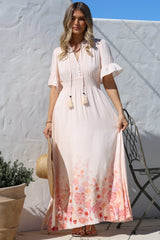 Jemina Maxi Dress - V-Neck Elasticated Waist A-Line Dress in Florence Print Pink