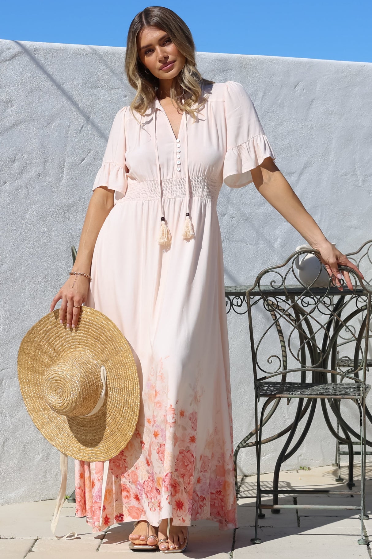 Jemina Maxi Dress - V-Neck Elasticated Waist A-Line Dress in Florence Print Pink