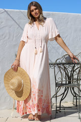 Jemina Maxi Dress - V-Neck Elasticated Waist A-Line Dress in Florence Print Pink