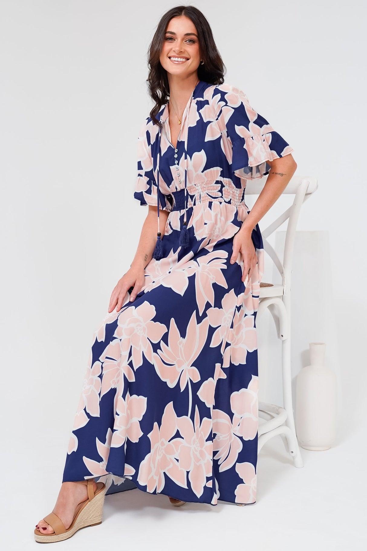 Jemina Maxi Dress - V-Neck Elasticated Waist A-Line Dress in Jetson Print Navy