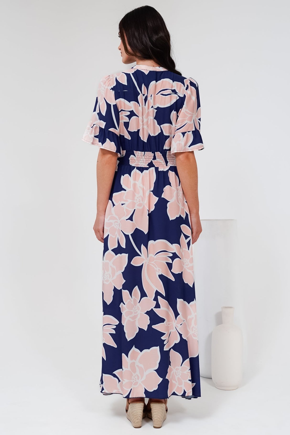 Jemina Maxi Dress - V-Neck Elasticated Waist A-Line Dress in Jetson Print Navy
