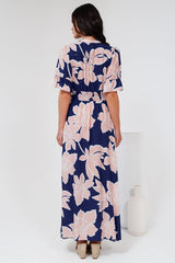 Jemina Maxi Dress - V-Neck Elasticated Waist A-Line Dress in Jetson Print Navy