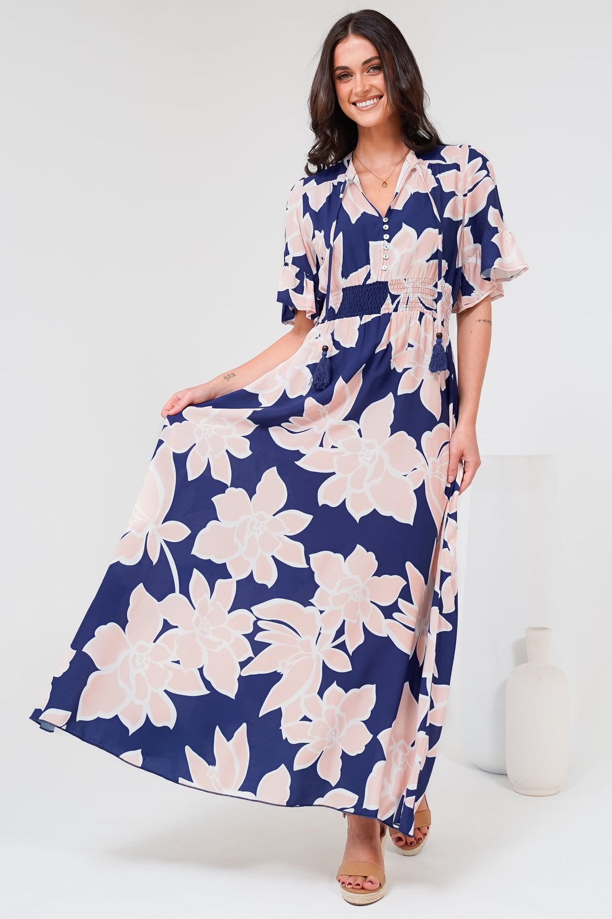 Jemina Maxi Dress - V-Neck Elasticated Waist A-Line Dress in Jetson Print Navy