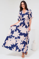 Jemina Maxi Dress - V-Neck Elasticated Waist A-Line Dress in Jetson Print Navy