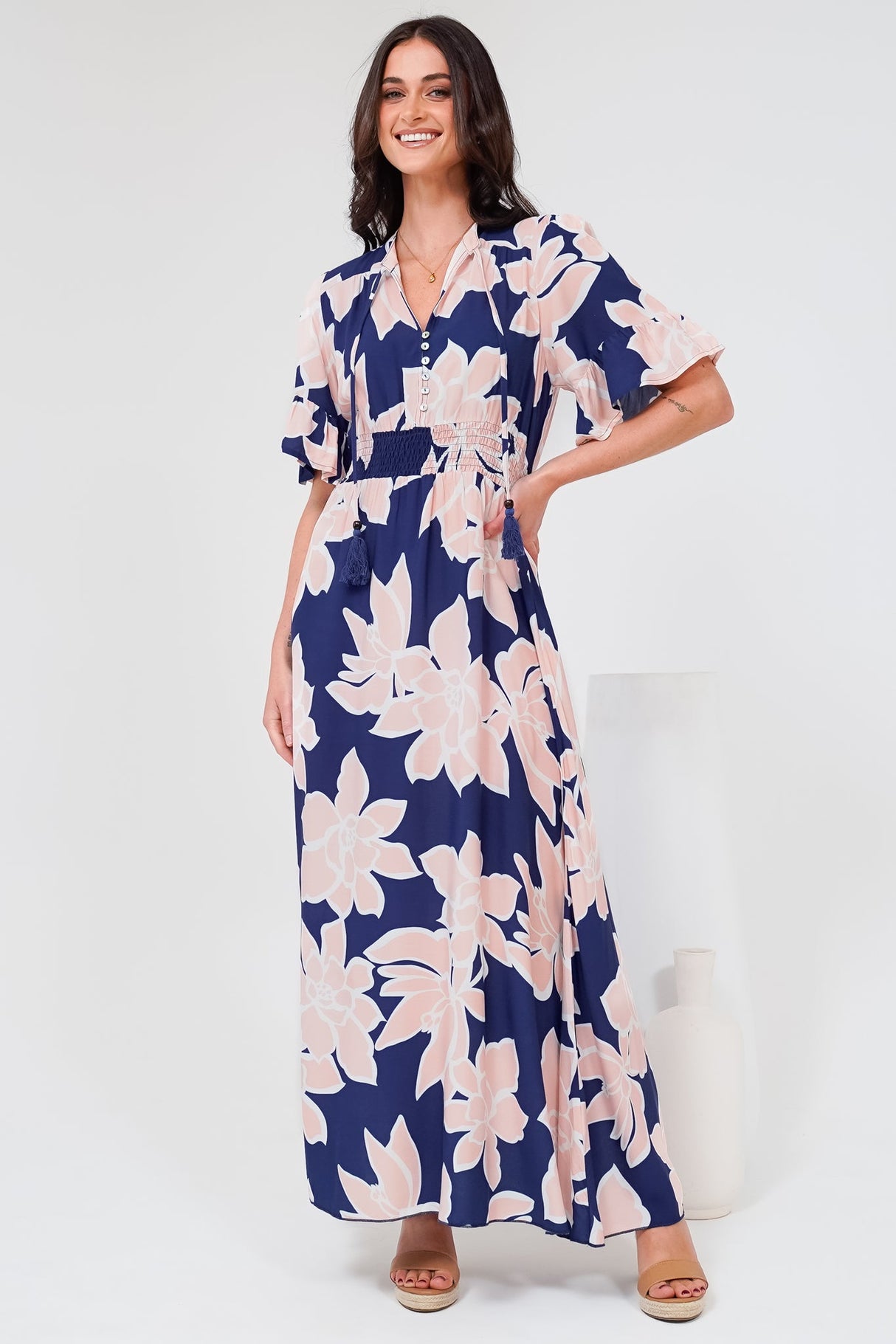 Jemina Maxi Dress - V-Neck Elasticated Waist A-Line Dress in Jetson Print Navy
