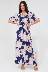 Jemina Maxi Dress - V-Neck Elasticated Waist A-Line Dress in Jetson Print Navy