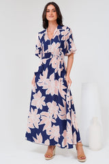 Jemina Maxi Dress - V-Neck Elasticated Waist A-Line Dress in Jetson Print Navy