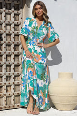 Jemina Maxi Dress - V-Neck Elasticated Waist A-Line Dress in Meaghan Print