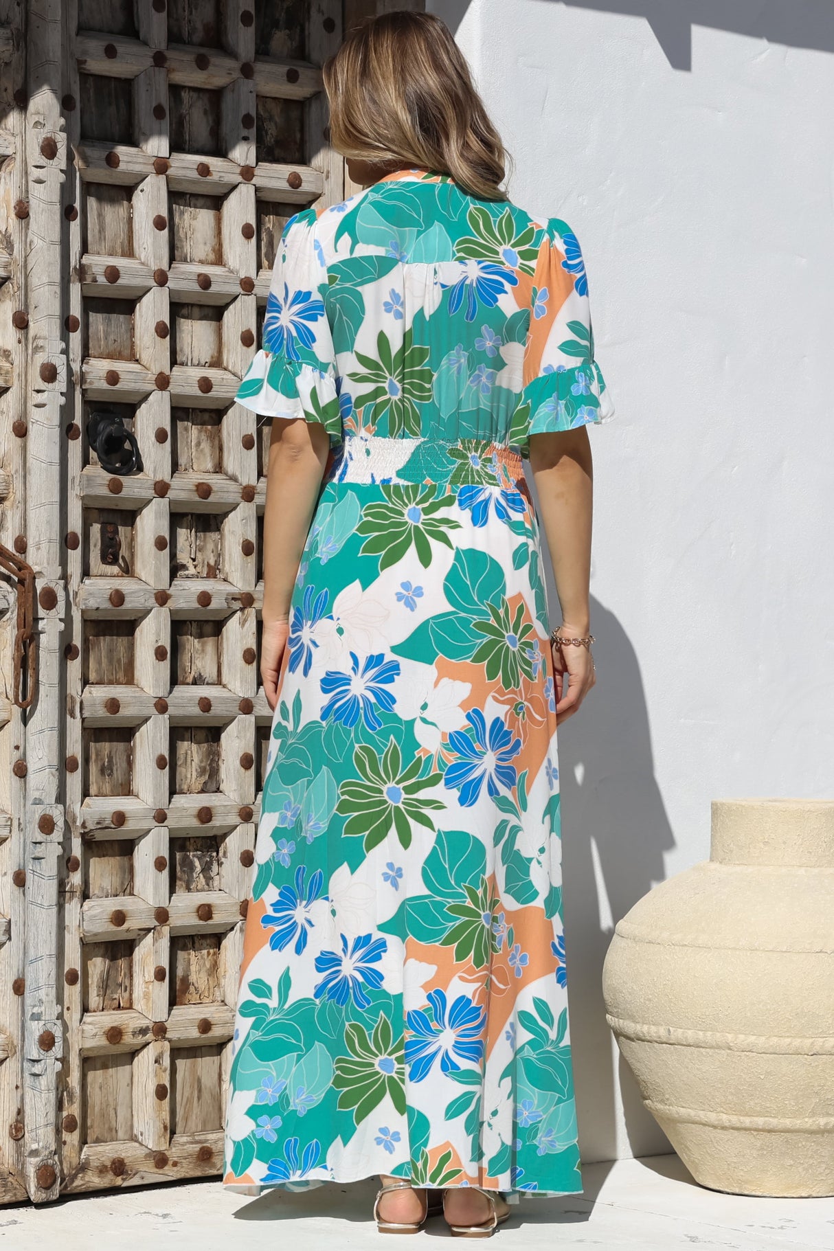 Jemina Maxi Dress - V-Neck Elasticated Waist A-Line Dress in Meaghan Print