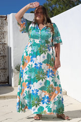Jemina Maxi Dress - V-Neck Elasticated Waist A-Line Dress in Meaghan Print