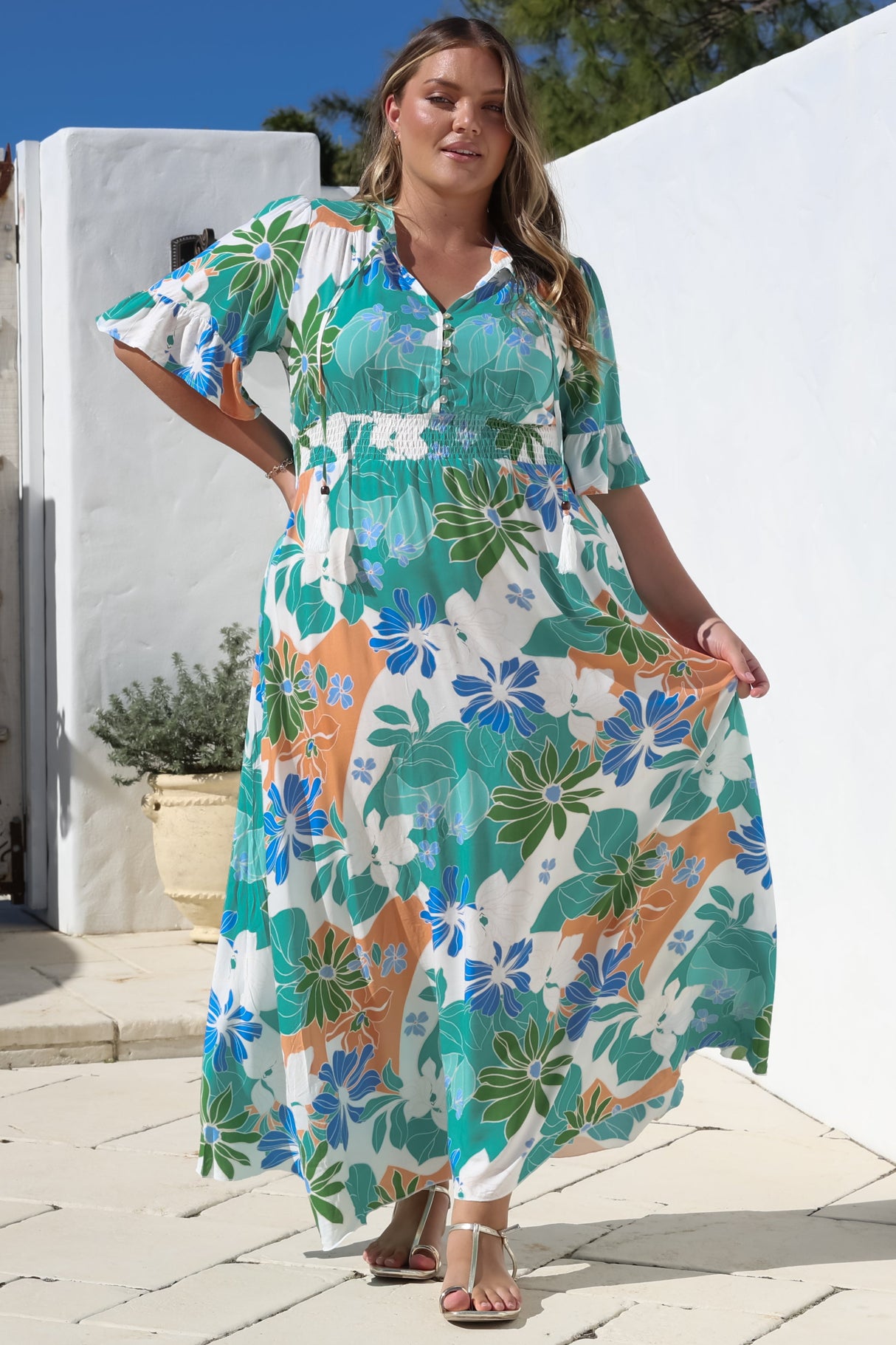 Jemina Maxi Dress - V-Neck Elasticated Waist A-Line Dress in Meaghan Print