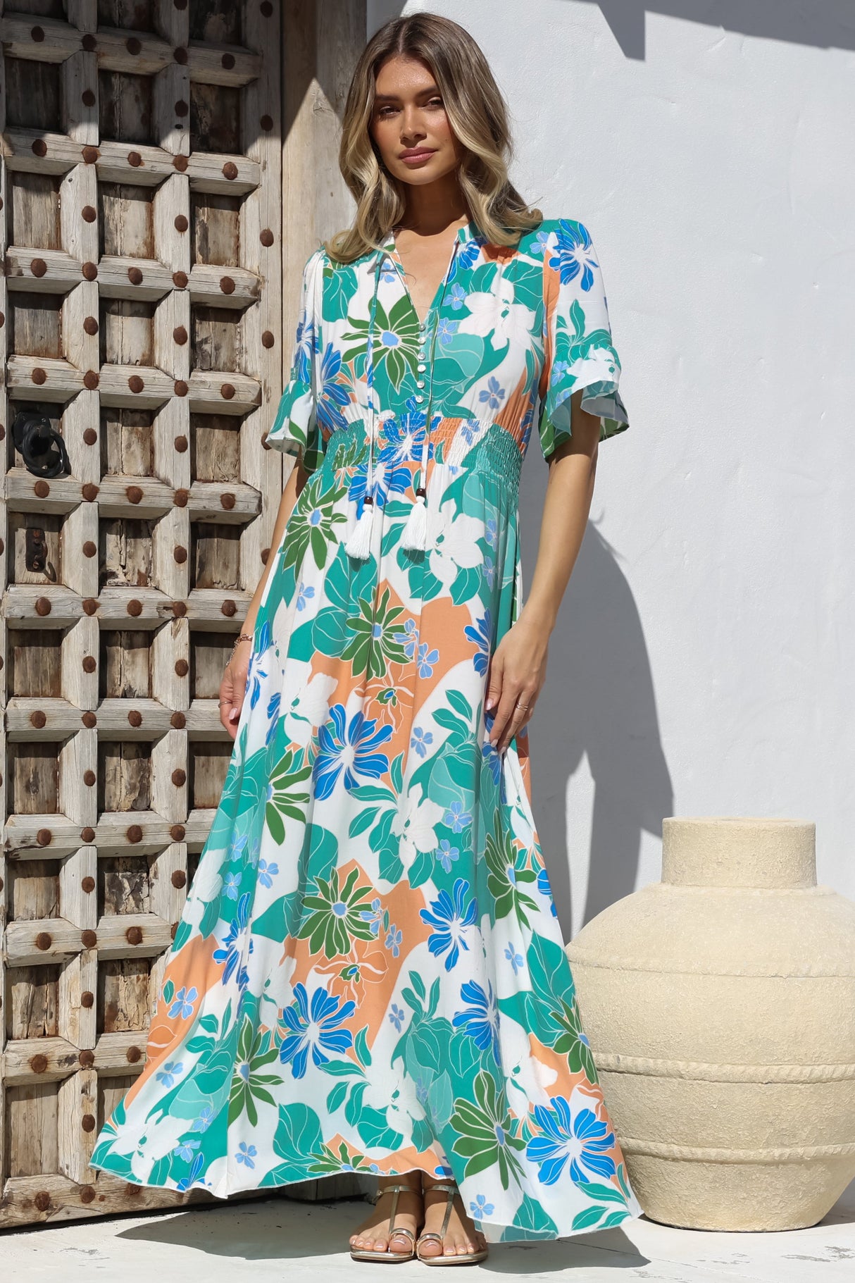 Jemina Maxi Dress - V-Neck Elasticated Waist A-Line Dress in Meaghan Print