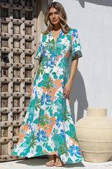 Jemina Maxi Dress - V-Neck Elasticated Waist A-Line Dress in Meaghan Print
