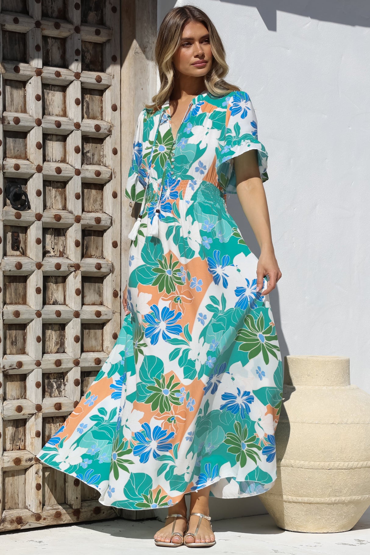 Jemina Maxi Dress - V-Neck Elasticated Waist A-Line Dress in Meaghan Print
