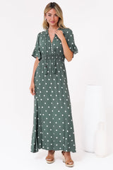 Jemina Maxi Dress - V-Neck Elasticated Waist A-Line Dress in Parisian Polka Print Khaki