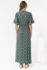 Jemina Maxi Dress - V-Neck Elasticated Waist A-Line Dress in Parisian Polka Print Khaki
