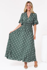 Jemina Maxi Dress - V-Neck Elasticated Waist A-Line Dress in Parisian Polka Print Khaki
